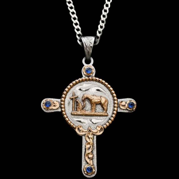 "Customize the Corinthians cross with your favorite figure or custom logo! Crafted on a German Silver Base framed by berries; detailed with scrollwork and a rope edge.  Your choice of color of Cubic Zirconia and figure!

Get a Sterling Silver chain